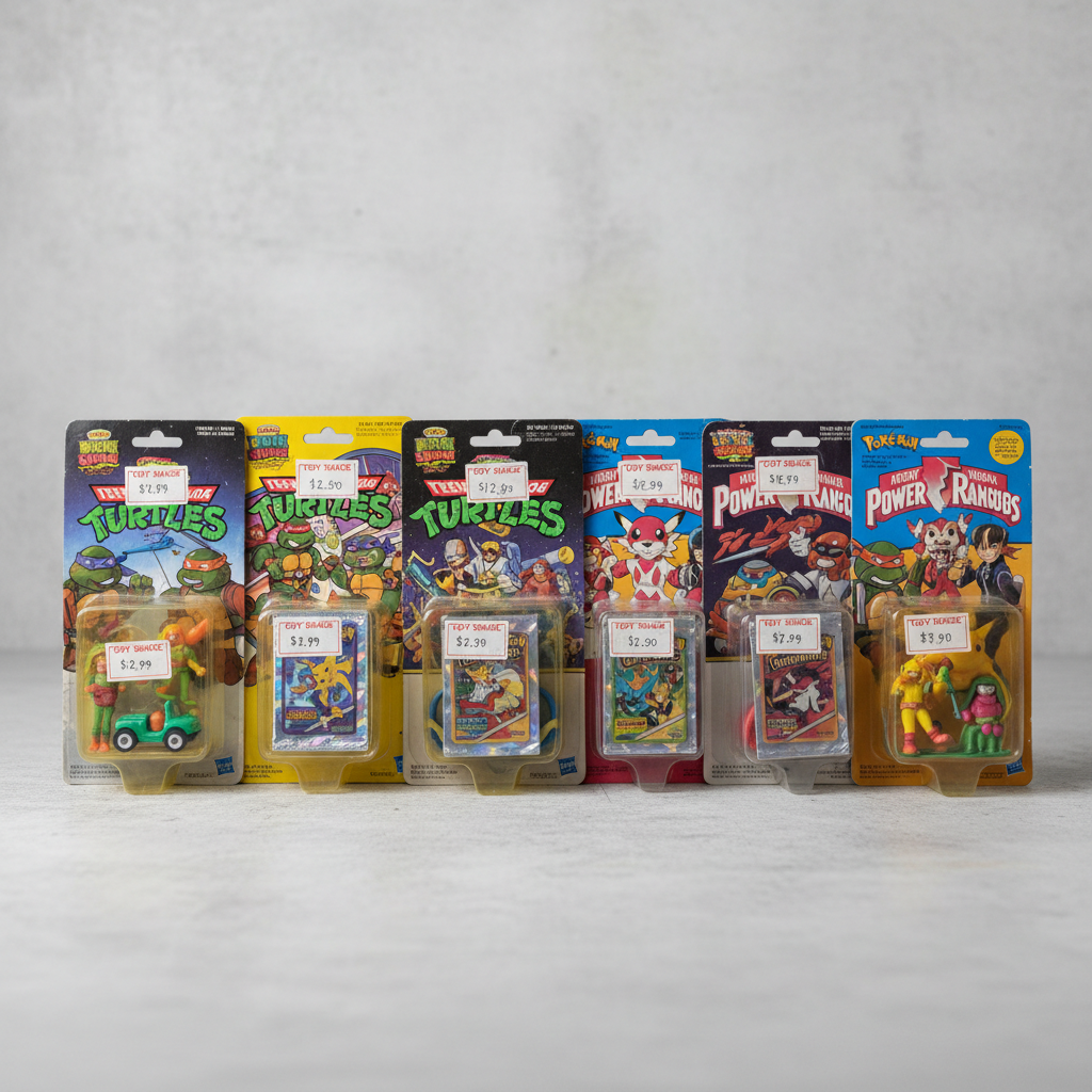 Vintage 1990s action figures and collectible toys in original sealed packaging displayed on a shelf