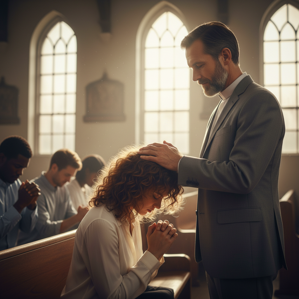 Congregation in prayer with pastor praying over people