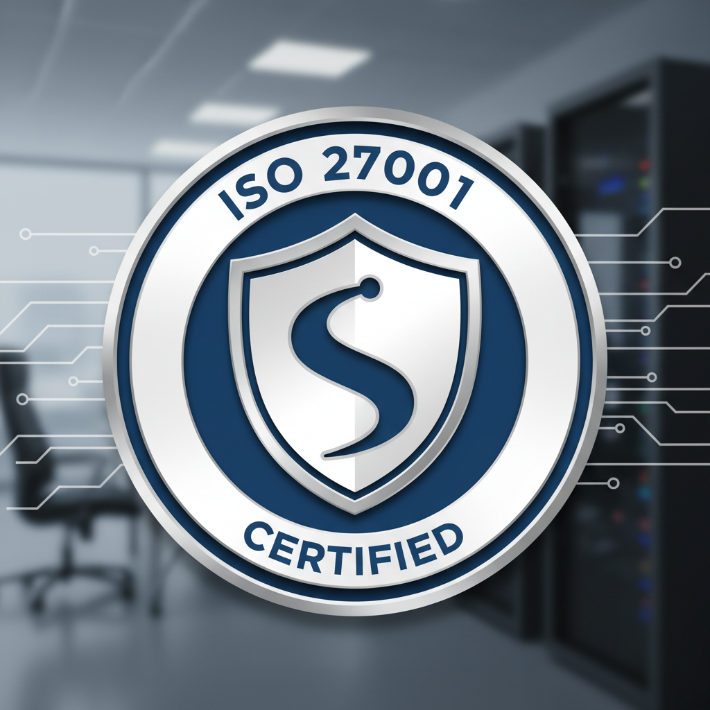 ISO 27001 certification badge with blue and white shield design on professional background