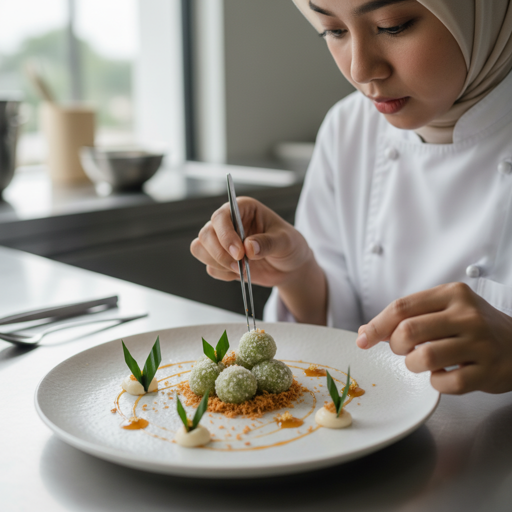 Modern plated fusion dish with artistic presentation on white ceramic plate