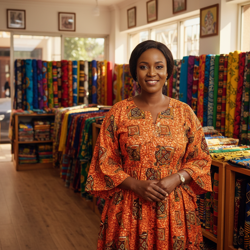 African businesswoman in colorful attire smiling in front of retail shop bright daylight setting
