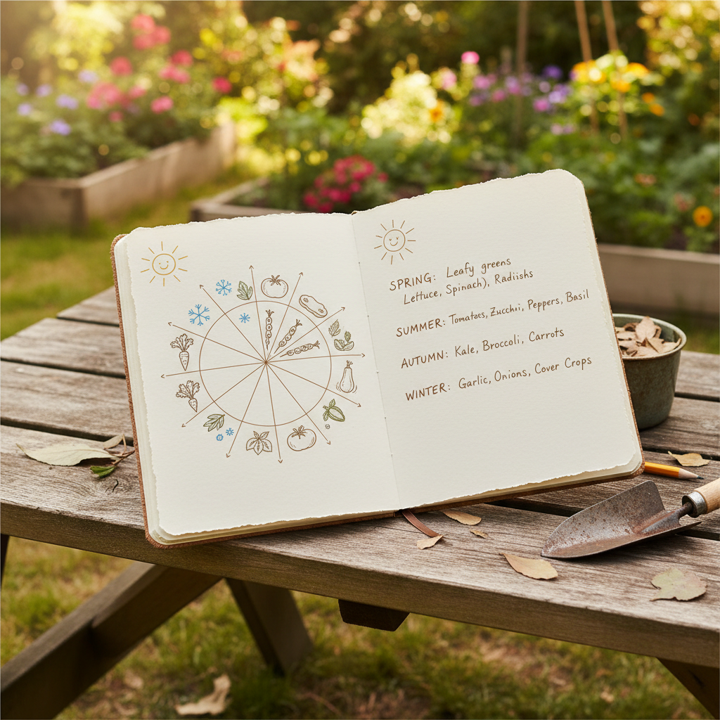 Garden journal open to a hand-drawn planting calendar with seasonal crop notes