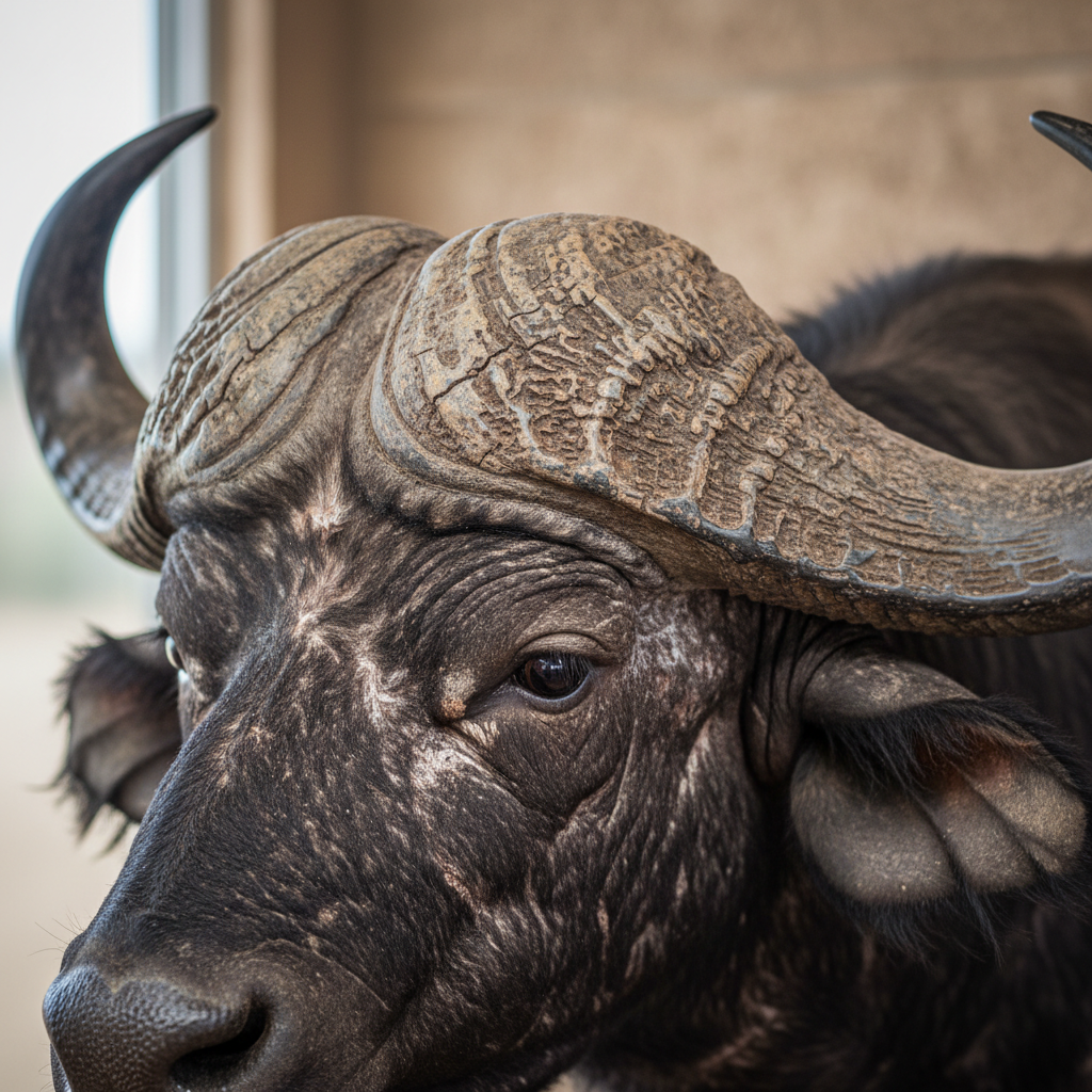 Cape buffalo shoulder mount with detailed horn boss and textured facial skin preservation