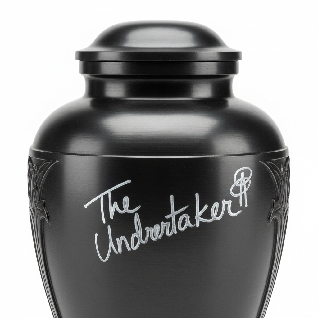 Black metallic urn prop signed by The Undertaker in silver marker with JSA authentication sticker