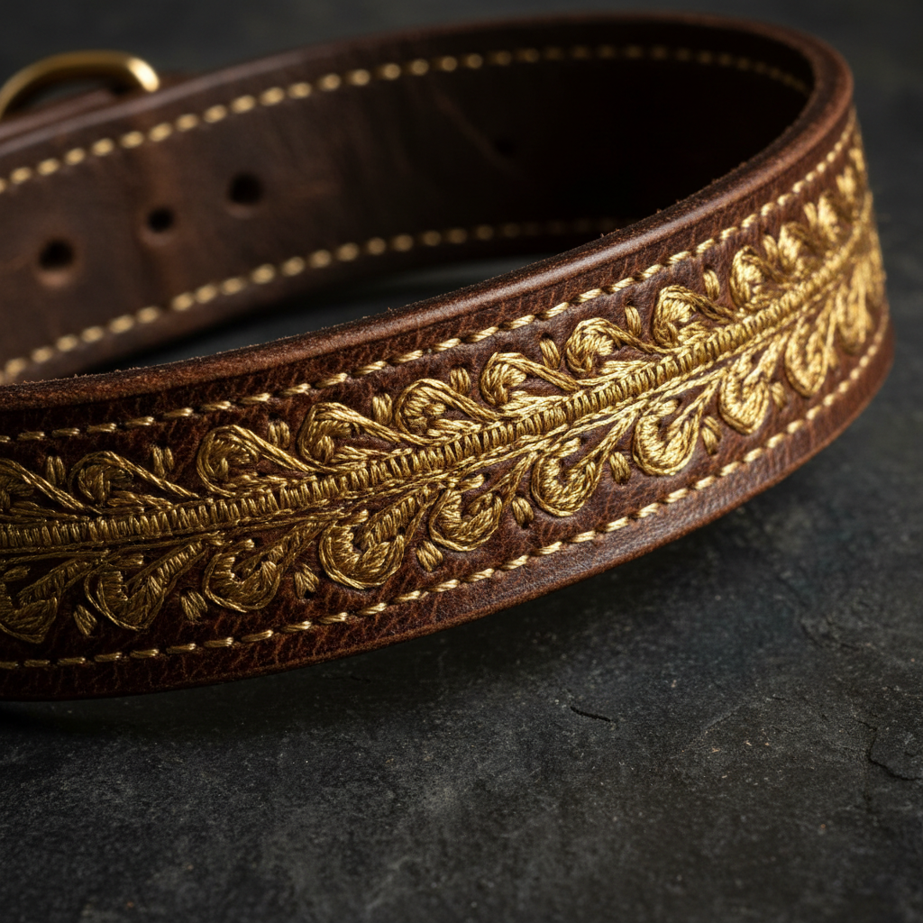 Close-up of hand-stitched gold thread detail on reclaimed leather collar, dramatic dark background