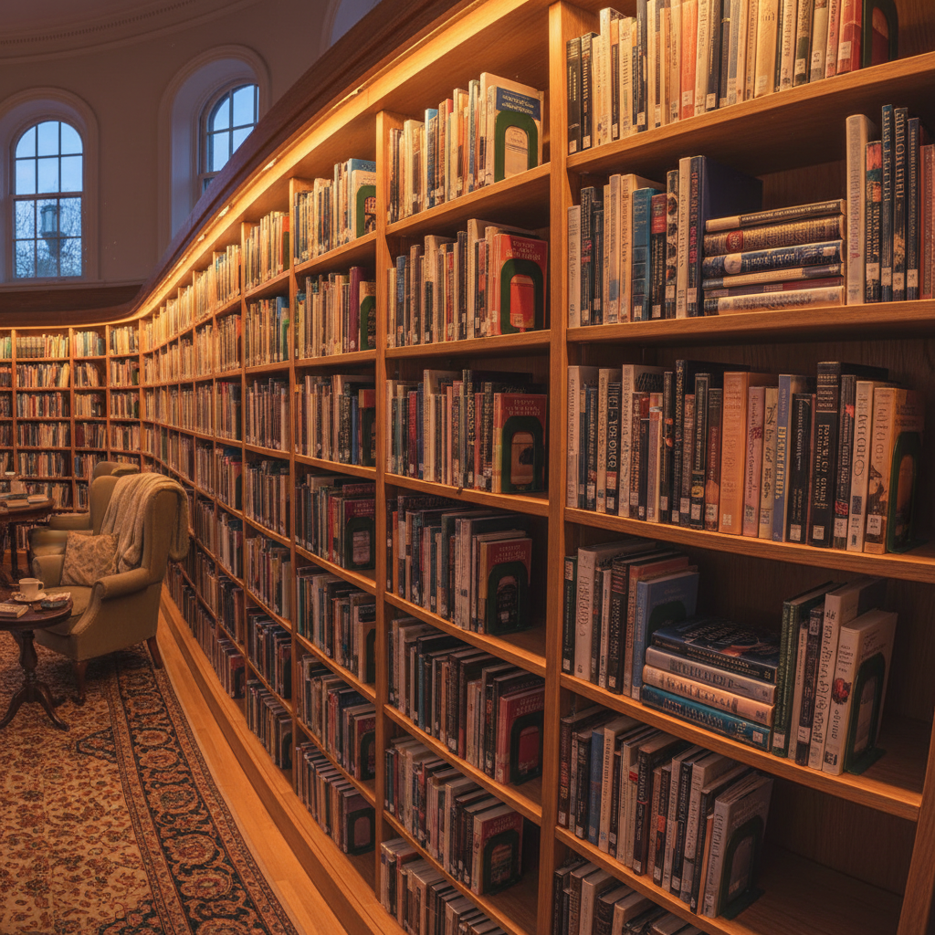 Library shelves filled with theological books, warm amber lighting