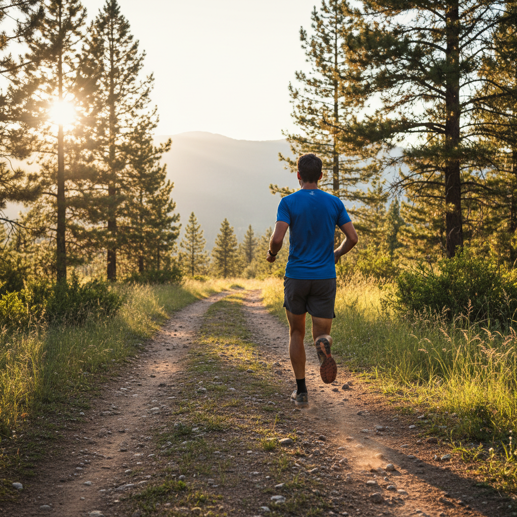 Runner on trail mid-stride, viewed from behind, demonstrating healthy running gait