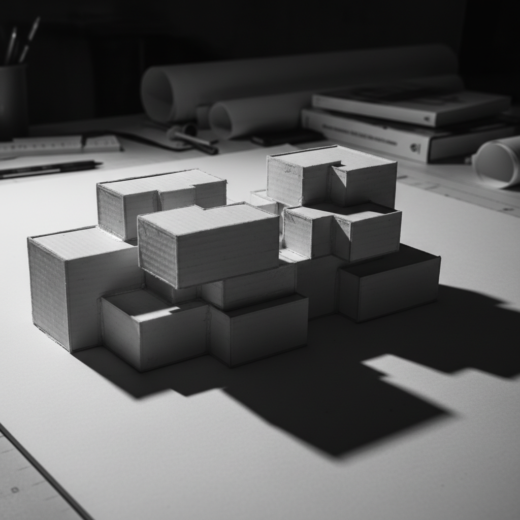 Architectural model showing building massing study with white cardboard and sharp shadow