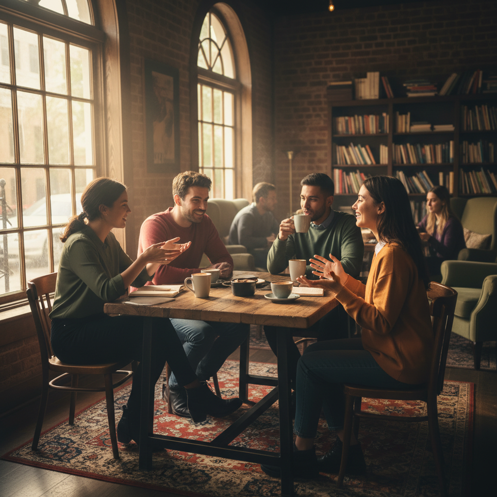Young adults in coffee shop setting having deep conversation and community