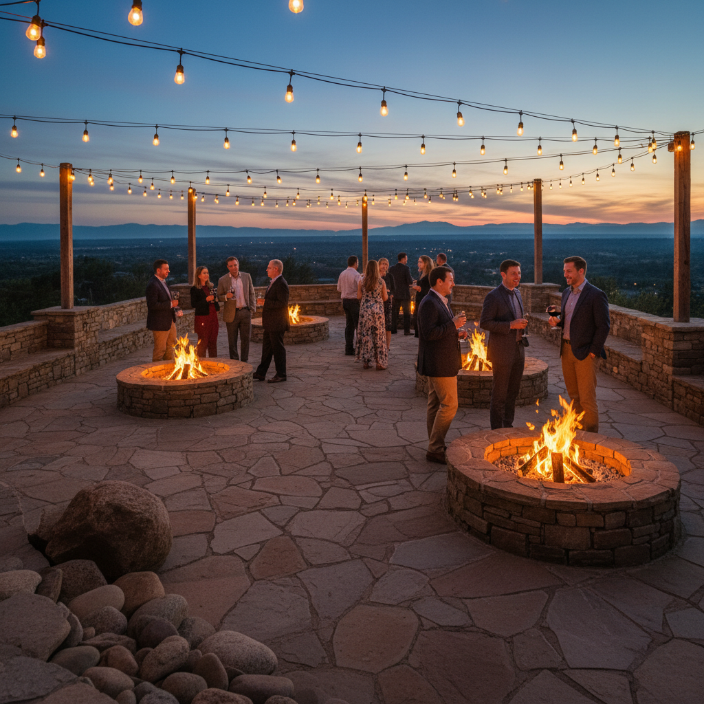 Outdoor terrace dining at dusk, string lights overhead, guests enjoying wine, warm evening atmosphere
