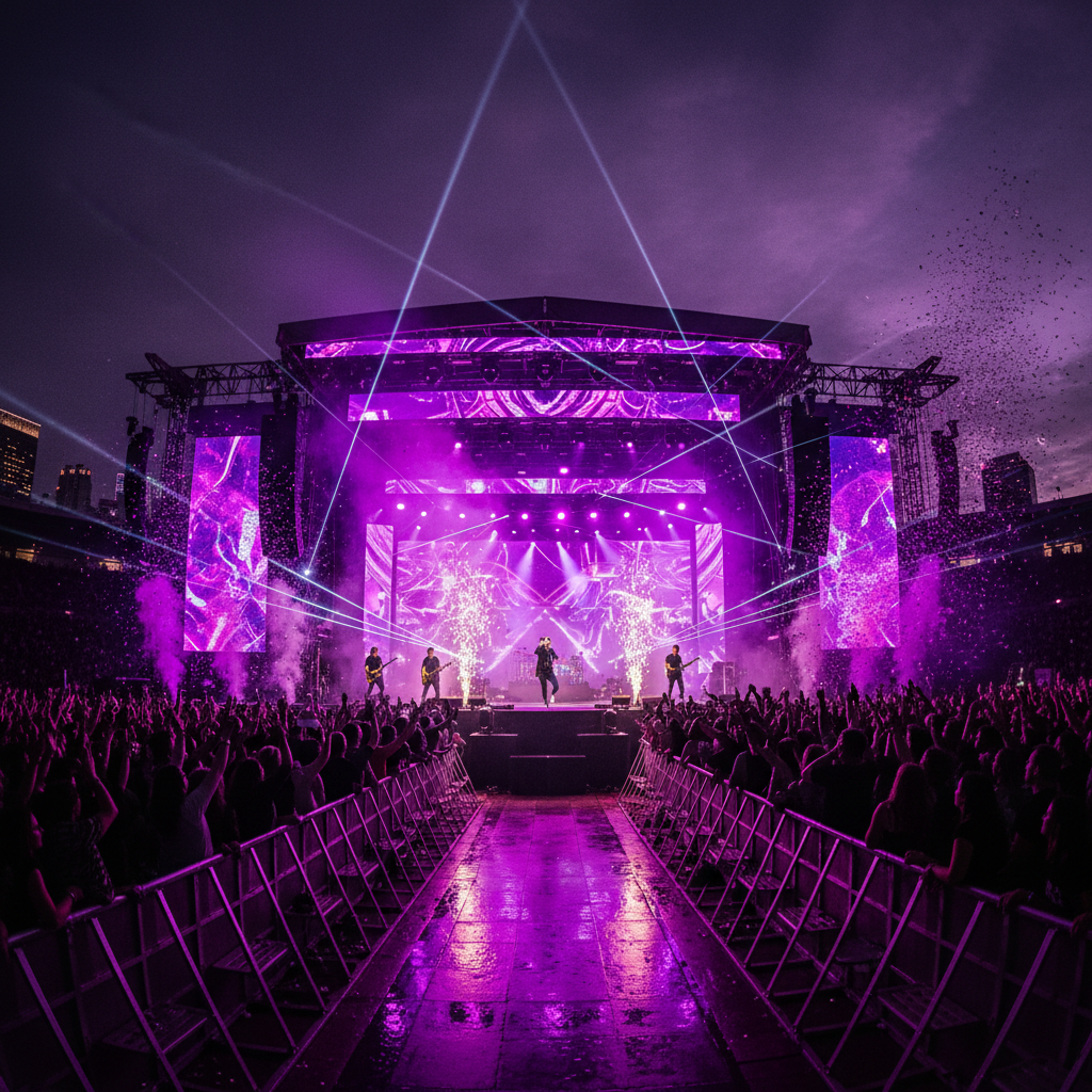 Grand concert stage with dramatic violet and gold lighting beams, atmospheric haze filling dark auditorium, silhouette of performers