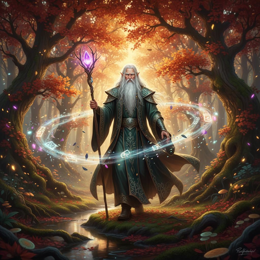 Elven mage with white hair and staff walking through a magical autumn forest with glowing leaves