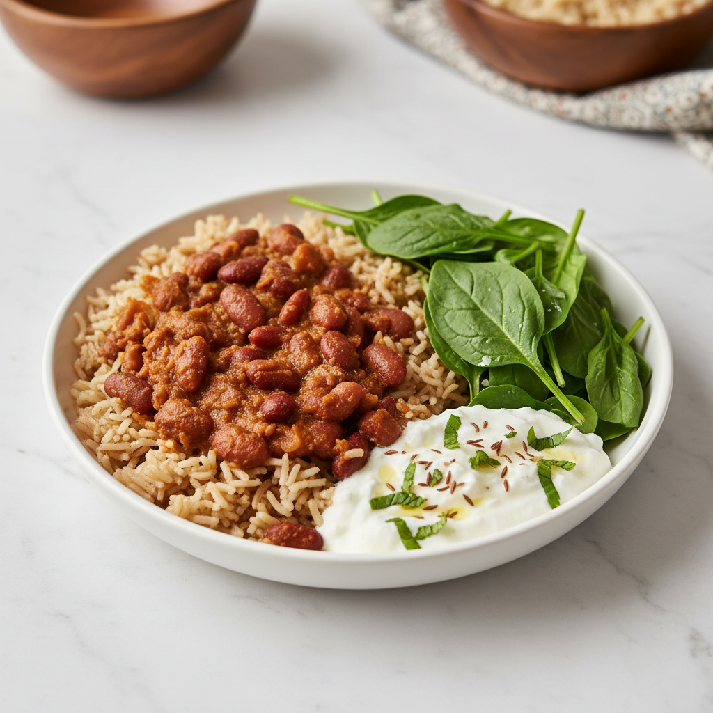 Rajma curry with brown rice and fresh salad in a meal prep container