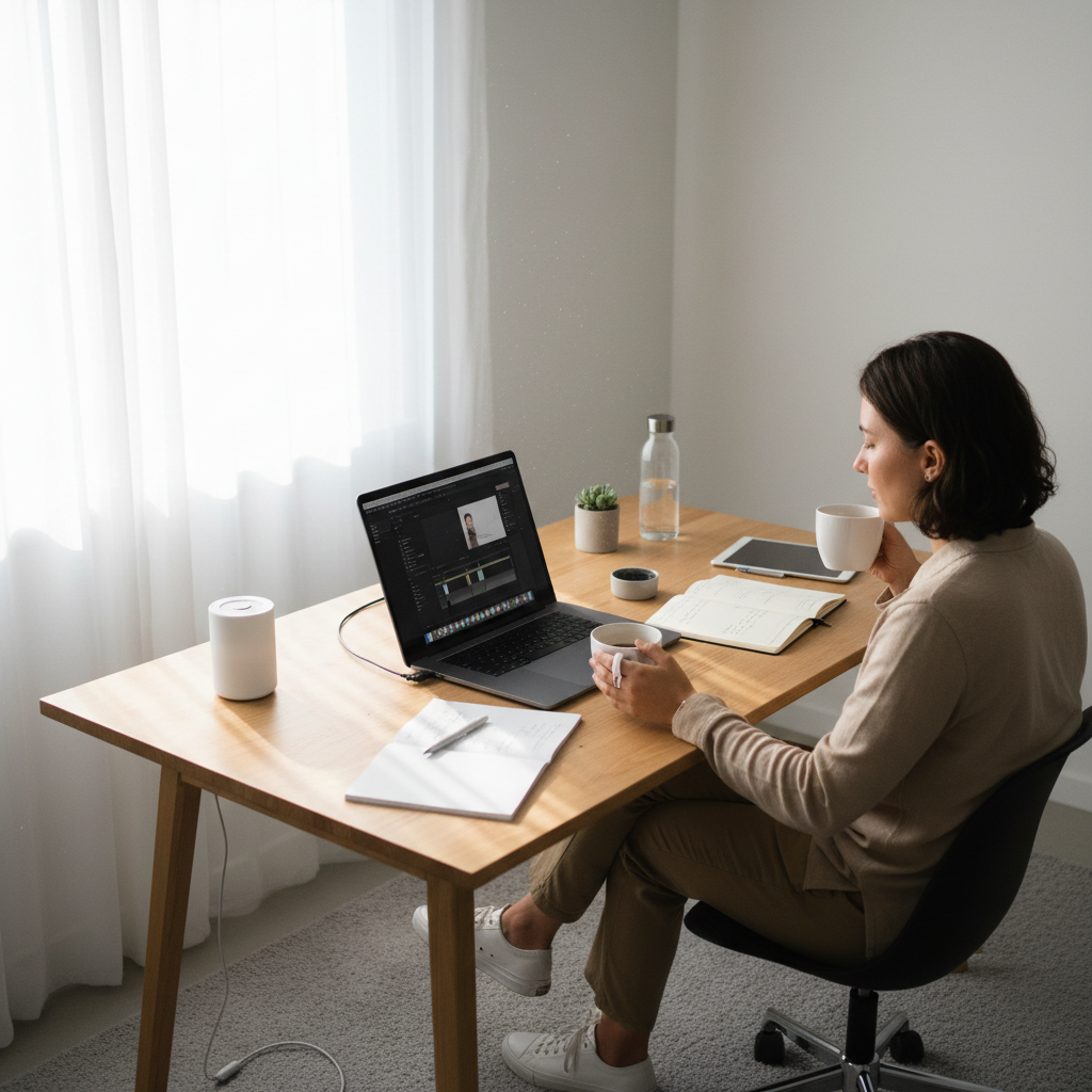 Content creator writing at desk with laptop, notebook and coffee, bright creative workspace