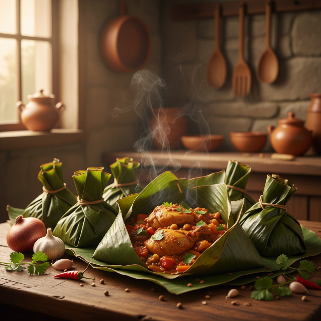 Steam rising from banana leaf parcels of Luwombo stew in a Kampala kitchen
