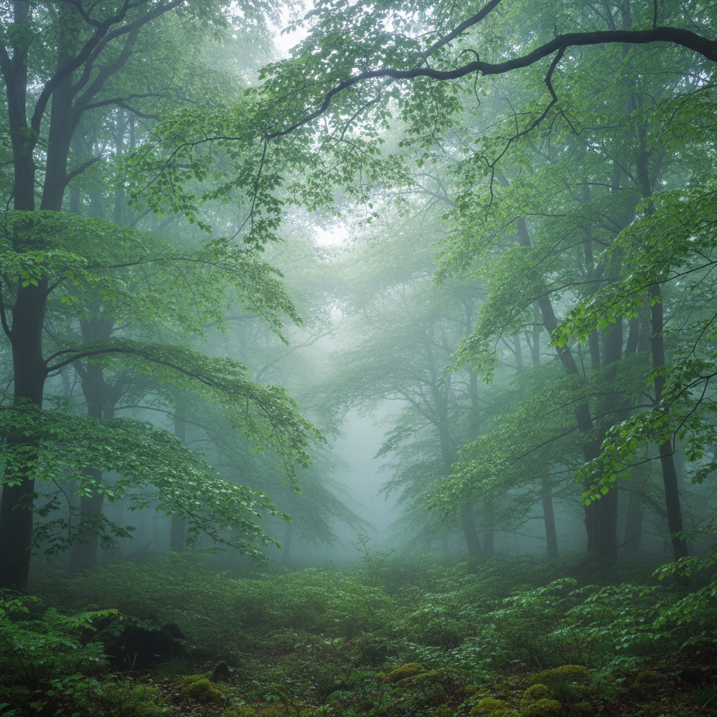 Lush botanical garden with green leaves and soft morning mist — serene natural environment, fresh dew on plants, cool misty atmosphere