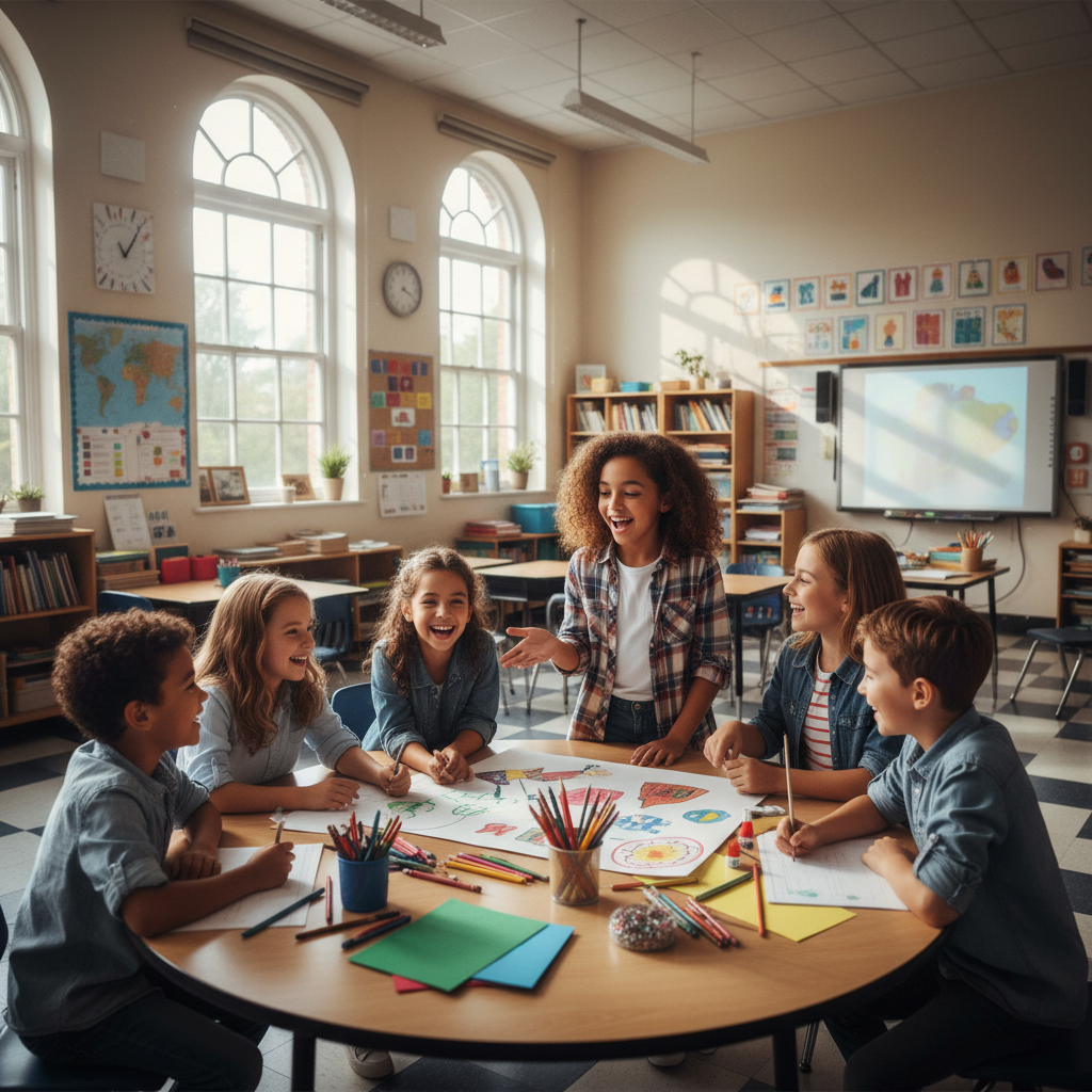 Children eating lunch together at a bright school cafeteria table