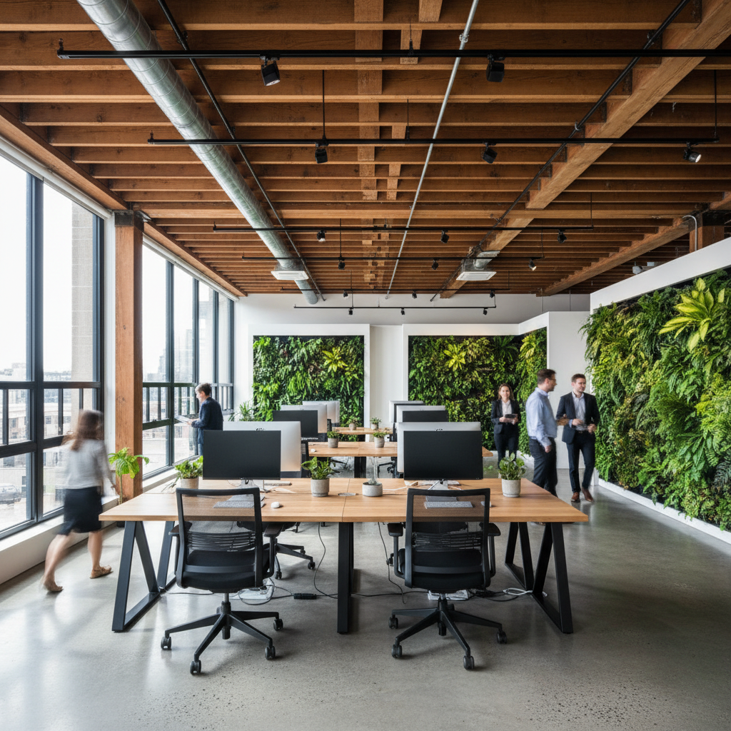 Modern open-plan office with exposed ceiling, timber desks, and green plant walls in Polokwane
