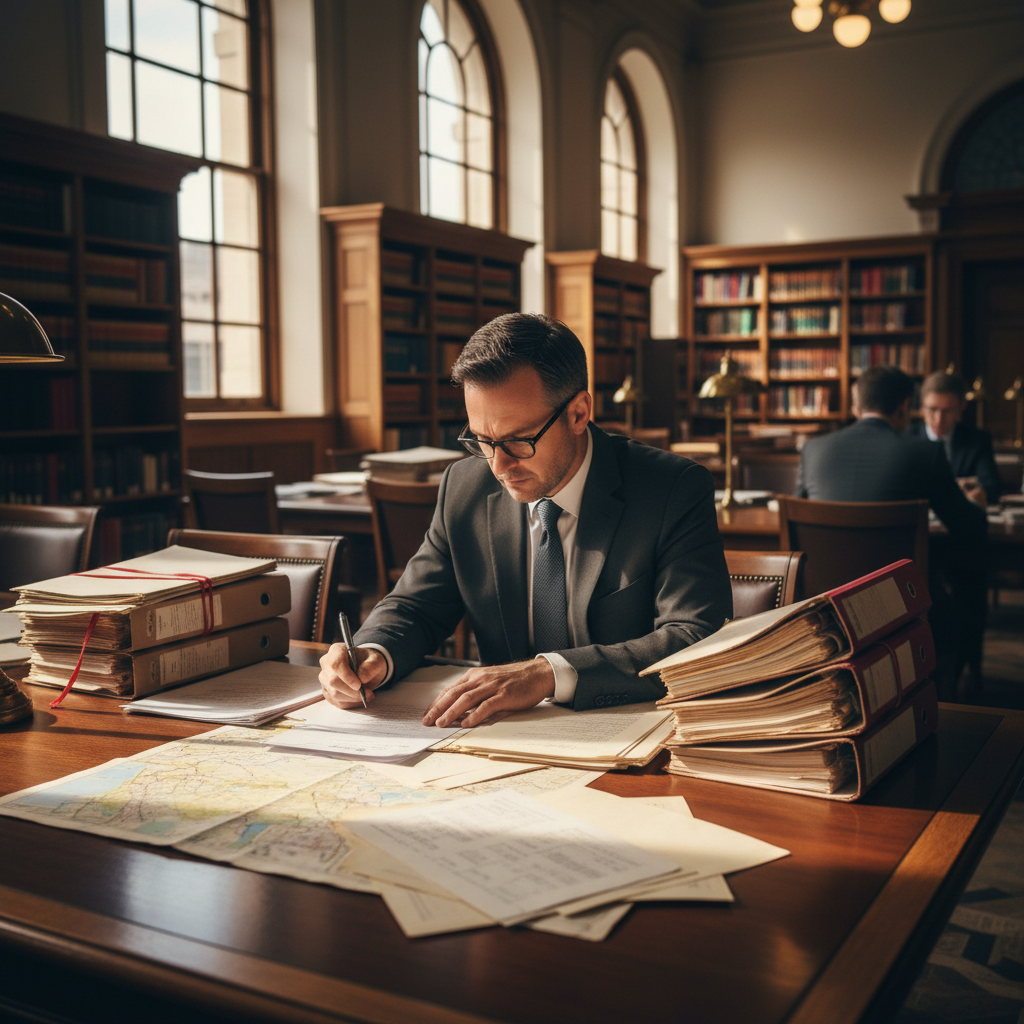 Attorney reviewing property documents and legal files at courthouse
