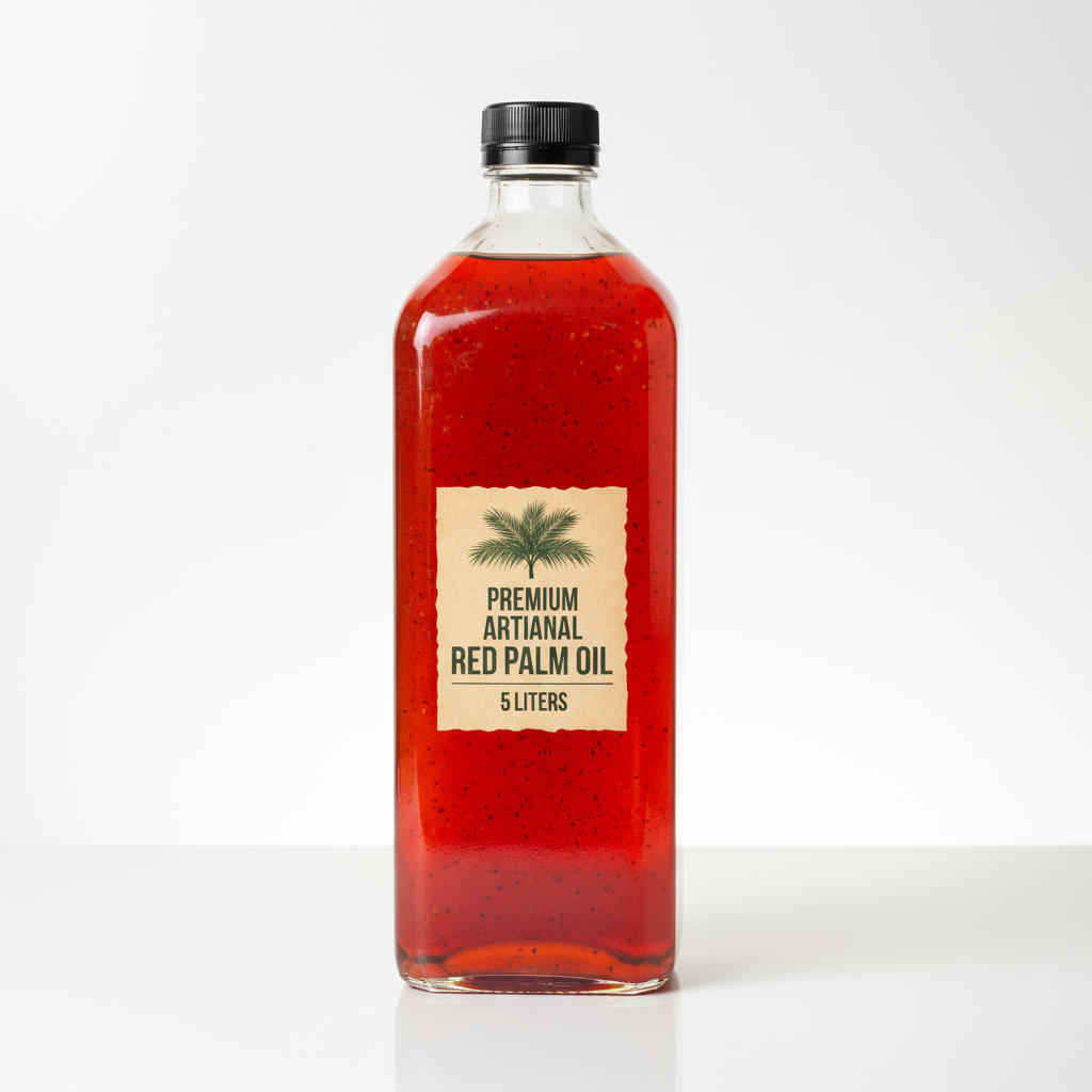 Deep red palm oil in a glass bottle with fresh palm fruits around it, warm golden light