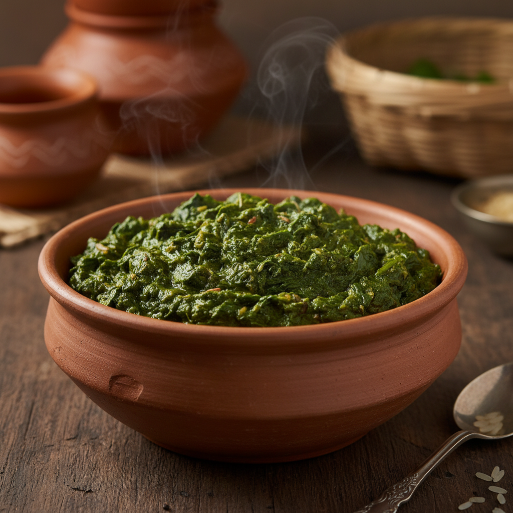 Kafuli — green leafy curry of spinach and fenugreek, thick and dark, in a clay bowl