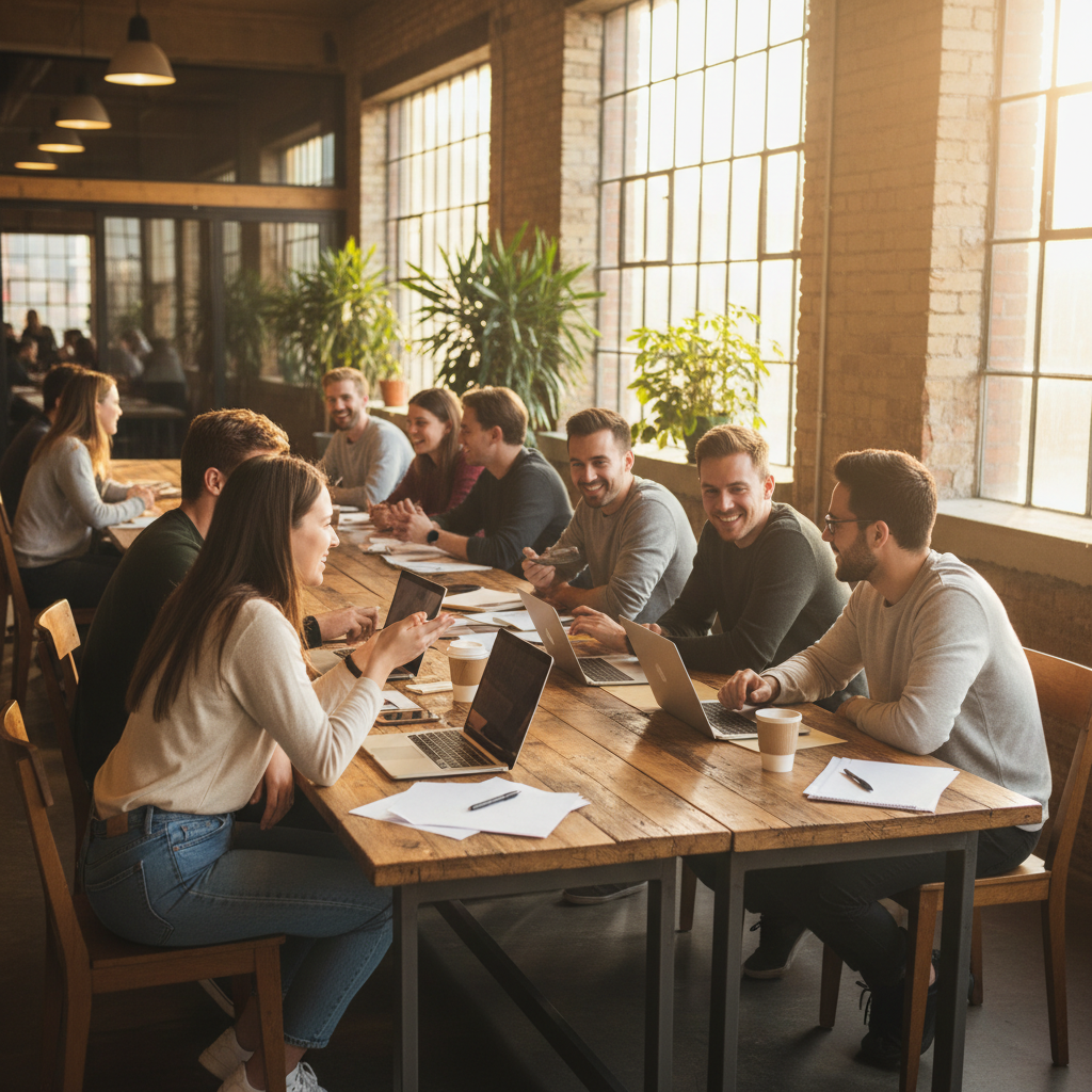Bright modern co-working space with natural light, two founders reviewing product packaging at a desk