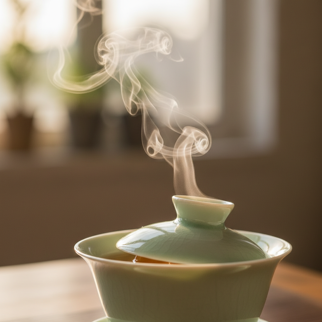 Steam curling upward from a celadon gaiwan on a cypress tea tray in soft afternoon light