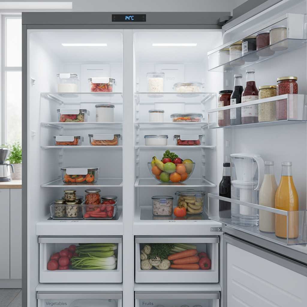 Open refrigerator showing temperature display reading 14 degrees Celsius