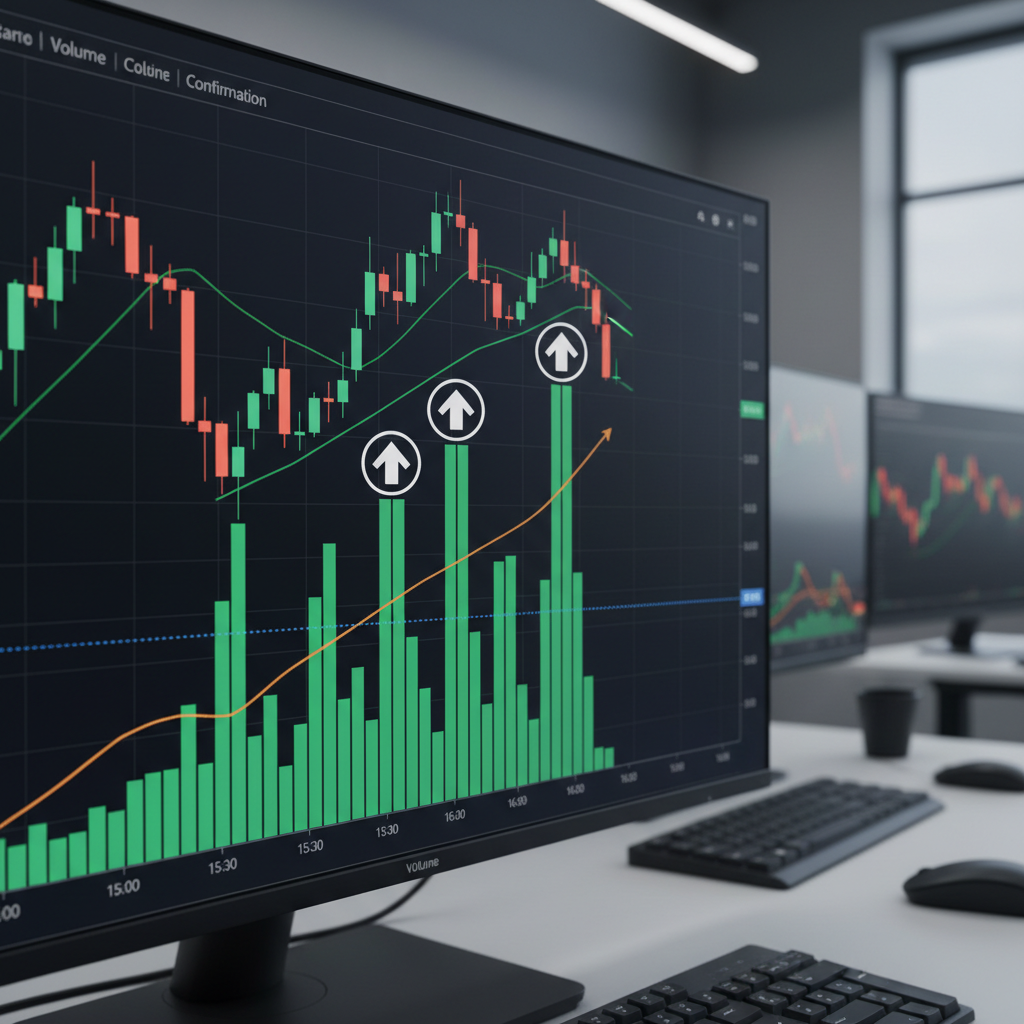 Stock market trading dashboard on dark screen showing real-time price charts candlestick patterns and volume indicators