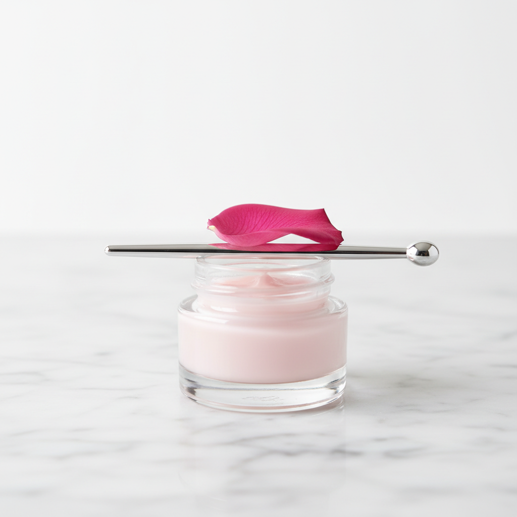 Delicate small glass eye serum vial with cornflower petals on white marble, soft pastel light