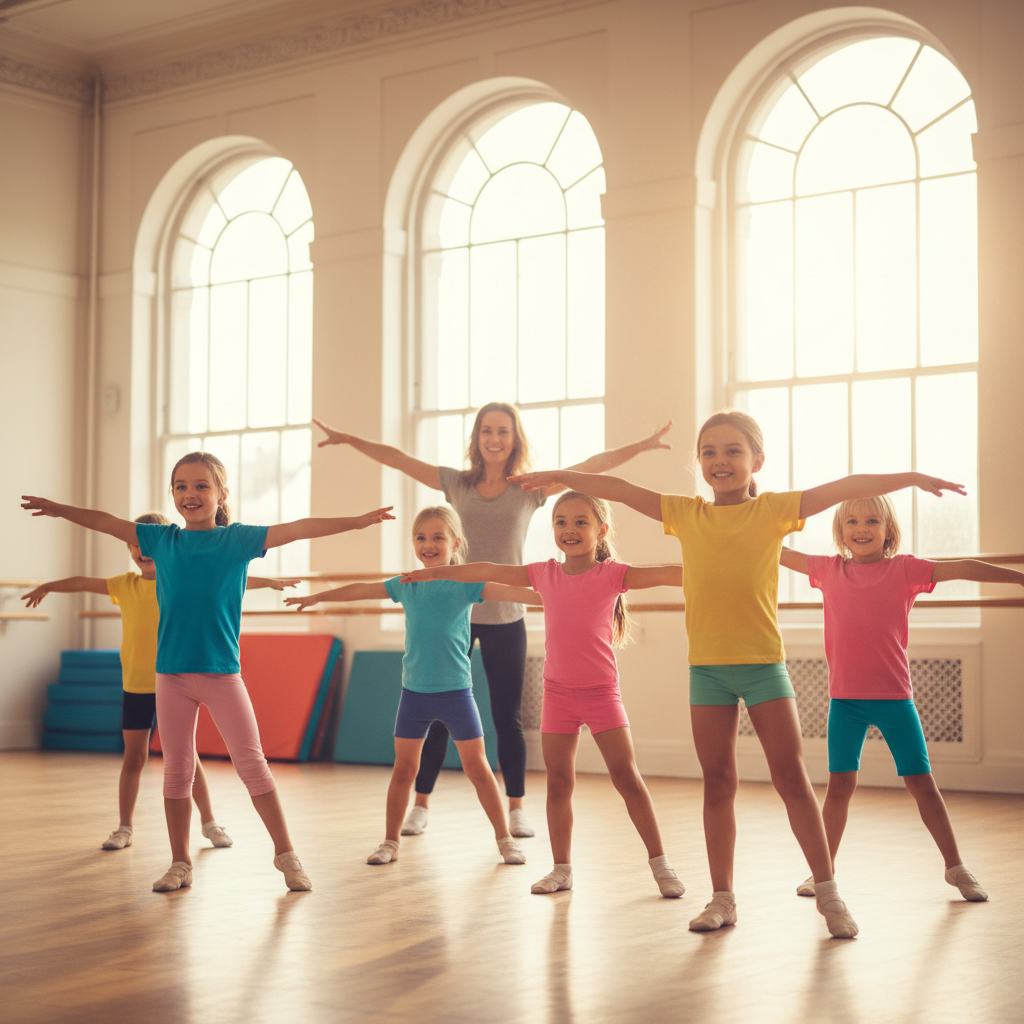 Kids in dance class following instructor with big smiles