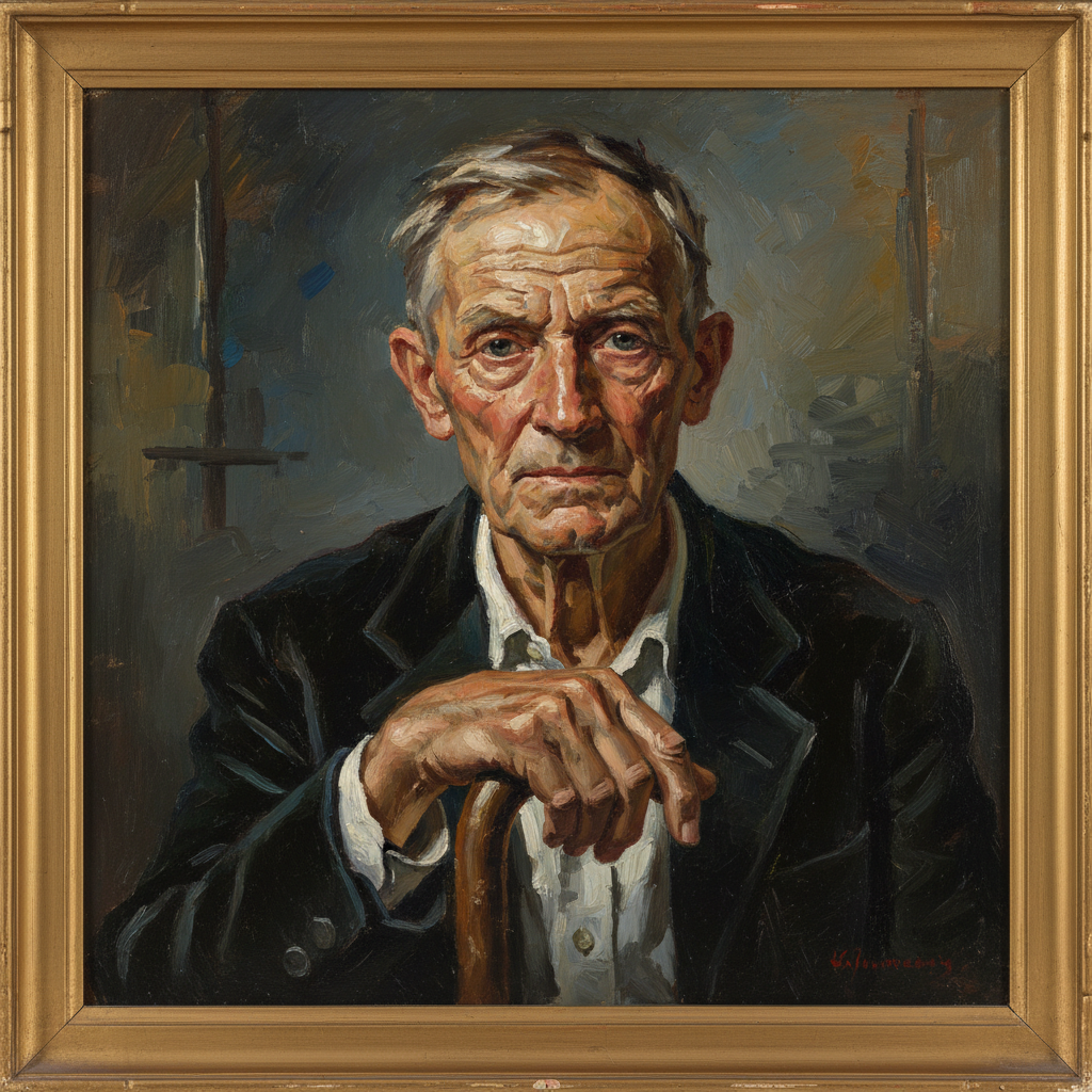 Portrait of Robert, a man in his 60s with grey hair and kind eyes in a garden setting