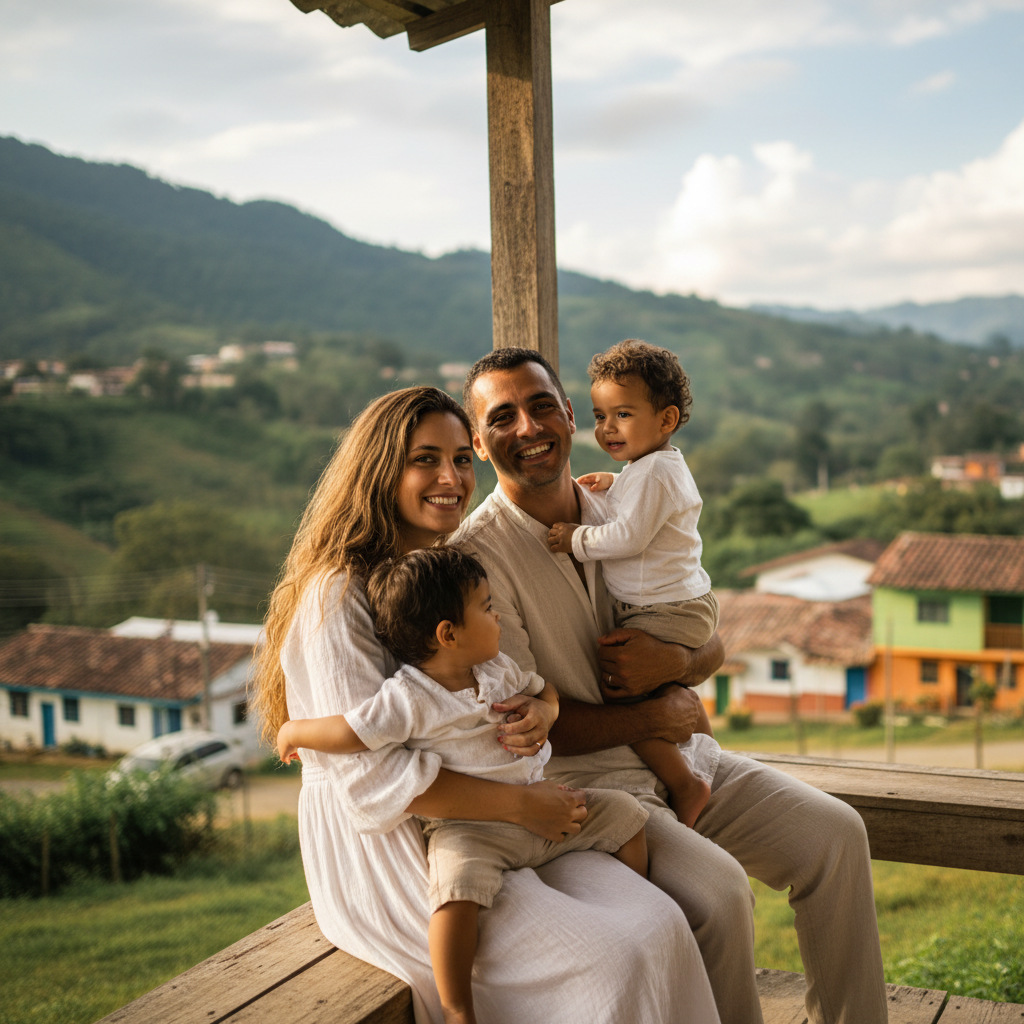 Familia venezolana joven sonriendo con alivio y tranquilidad, sensación de protección y pertenencia