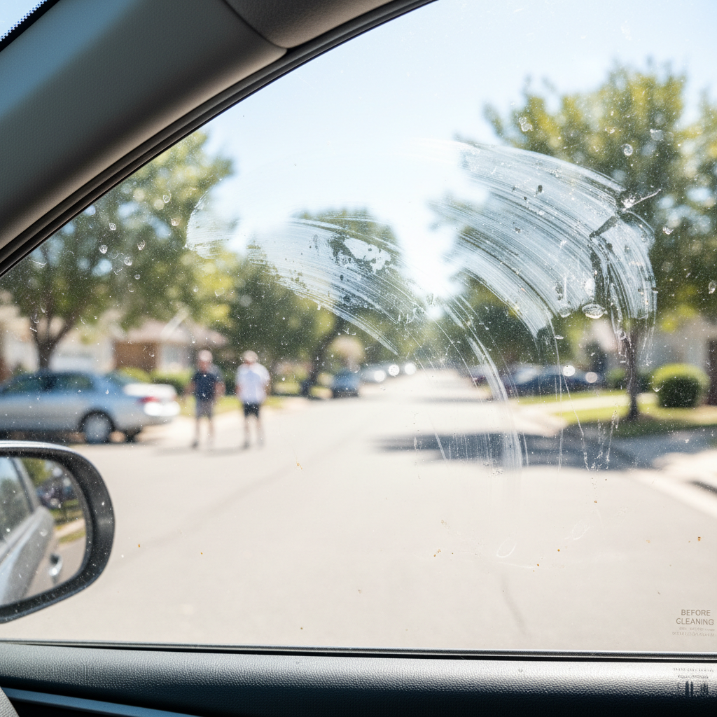 Smudged streaky car windows before professional cleaning, hazy glass in bright daylight