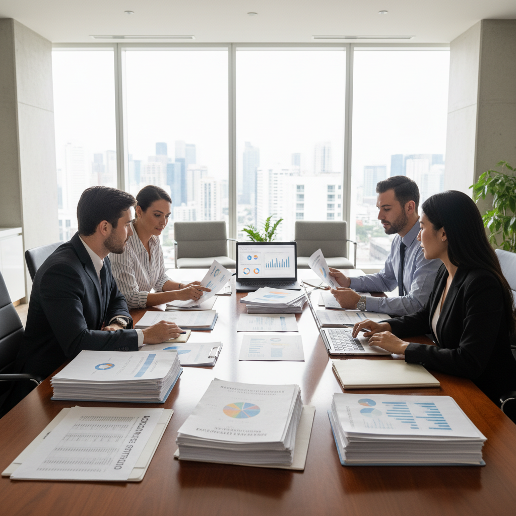Business meeting with documents and laptops on a conference table, reviewing acquisition coverage portfolios