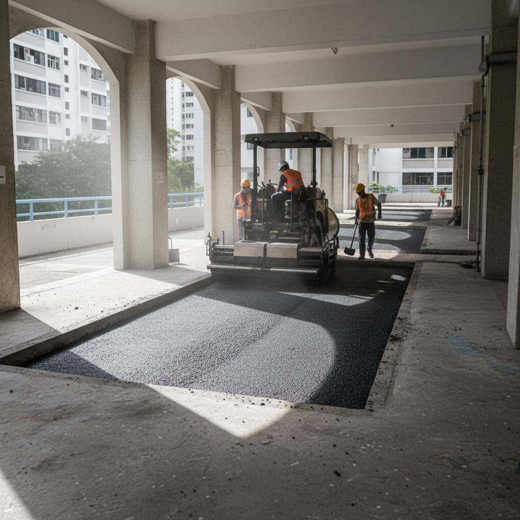 Mini paver laying asphalt in confined void deck area of HDB block