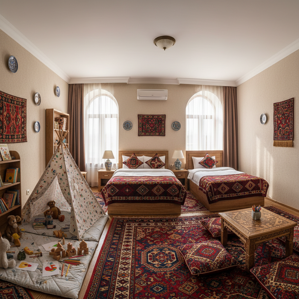 Spacious family hotel suite with two double beds, bright room with Rajasthani decor, large comfortable space