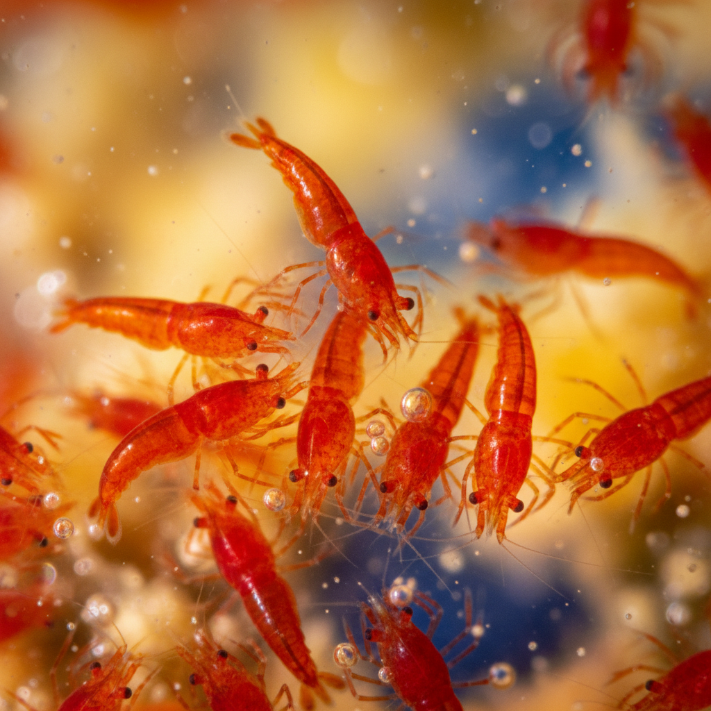 Close-up of vibrant red and orange aquatic organisms showing natural astaxanthin pigmentation