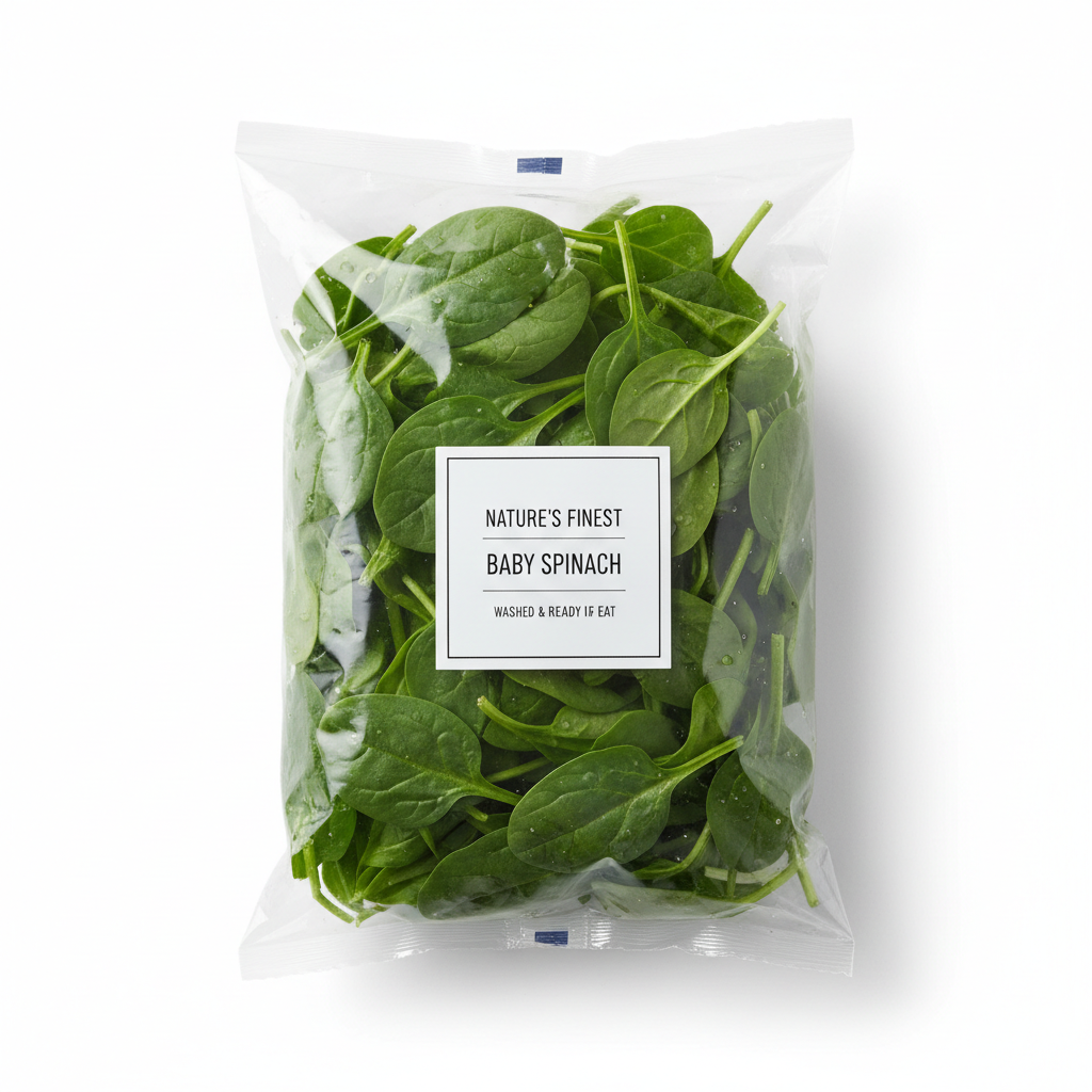 Fresh baby spinach leaves in clear bag on light background