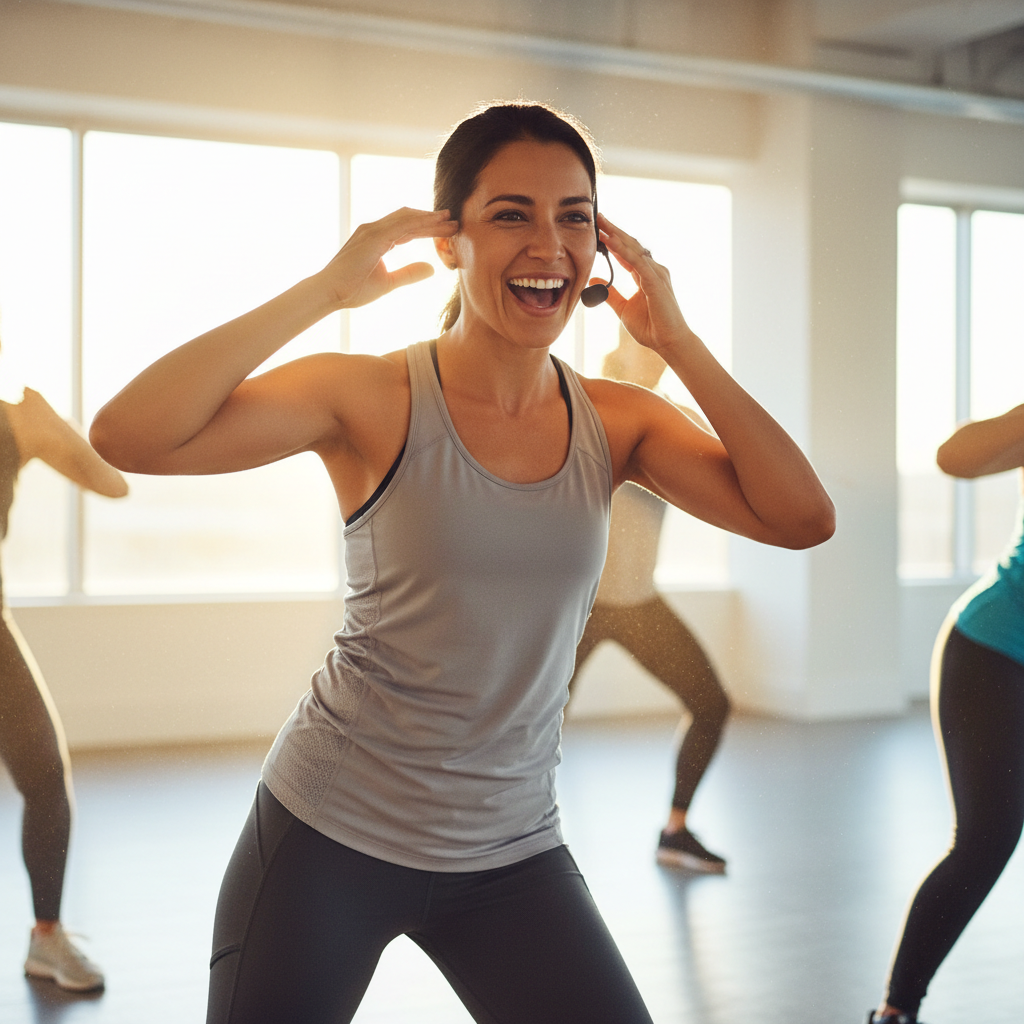 Professional photo of female fitness instructor in athletic wear, bright gym background