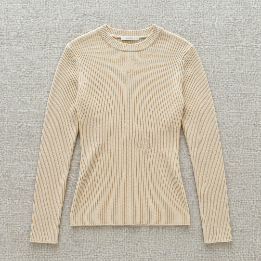 Cream ribbed knit sweater with relaxed fit, soft warm lighting, textured fabric detail visible