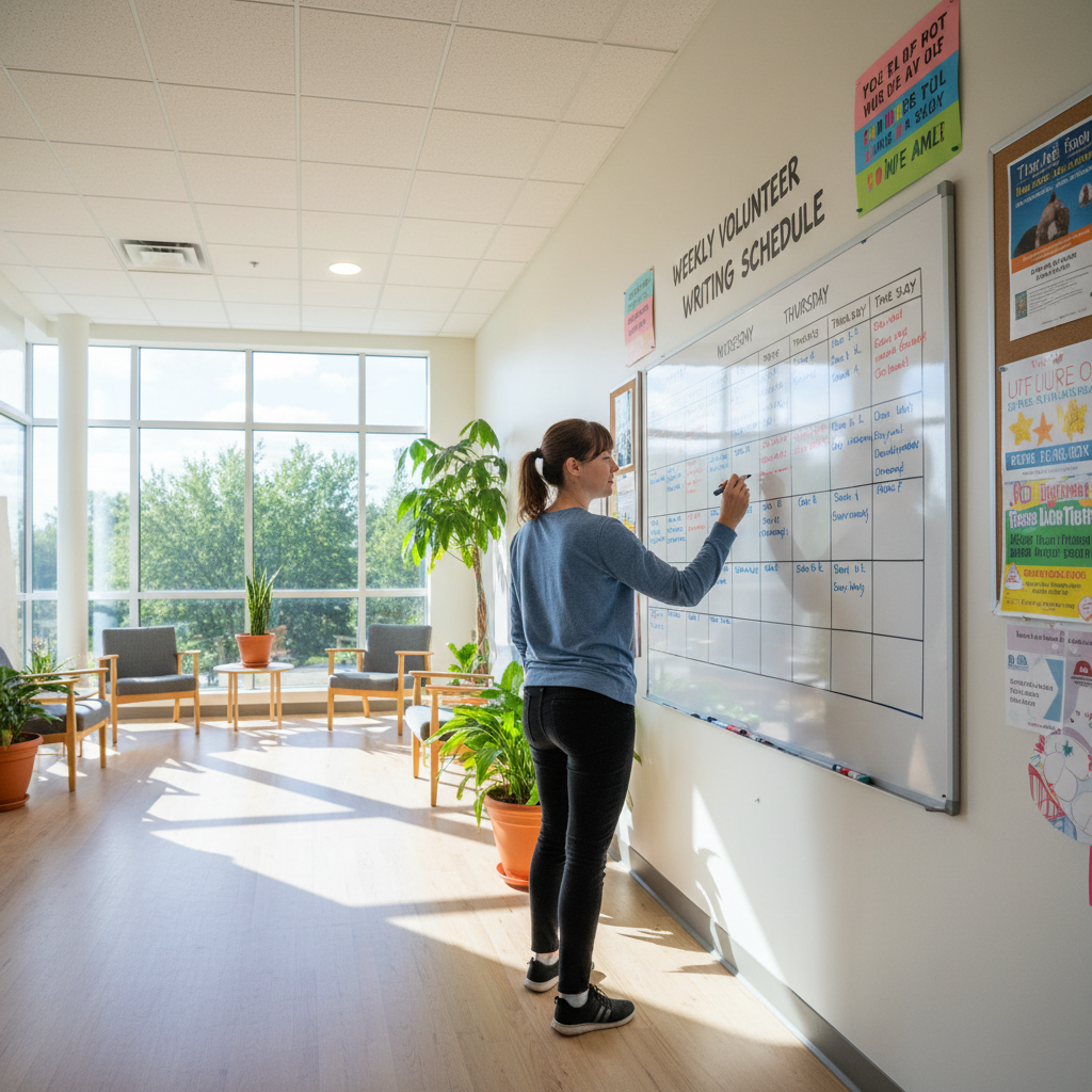 Volunteer writing on whiteboard schedule