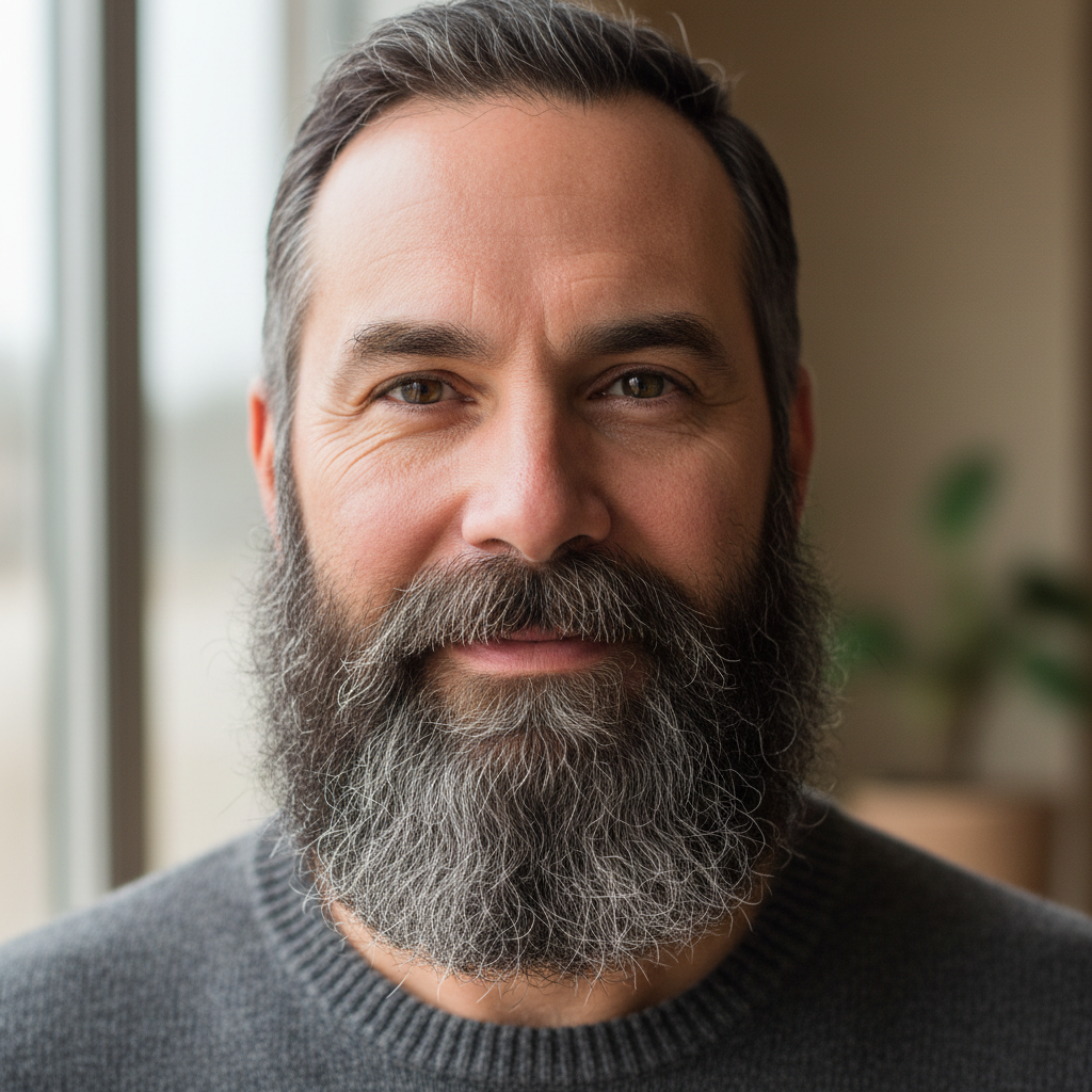 Man with salt and pepper beard in athletic wear