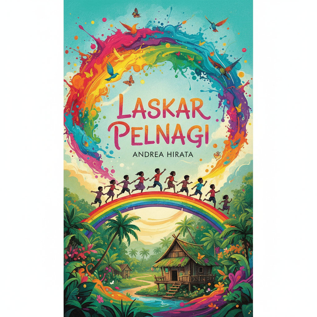 Bright illustrated book cover with a superhero boy surrounded by rainbow colors and smiling children