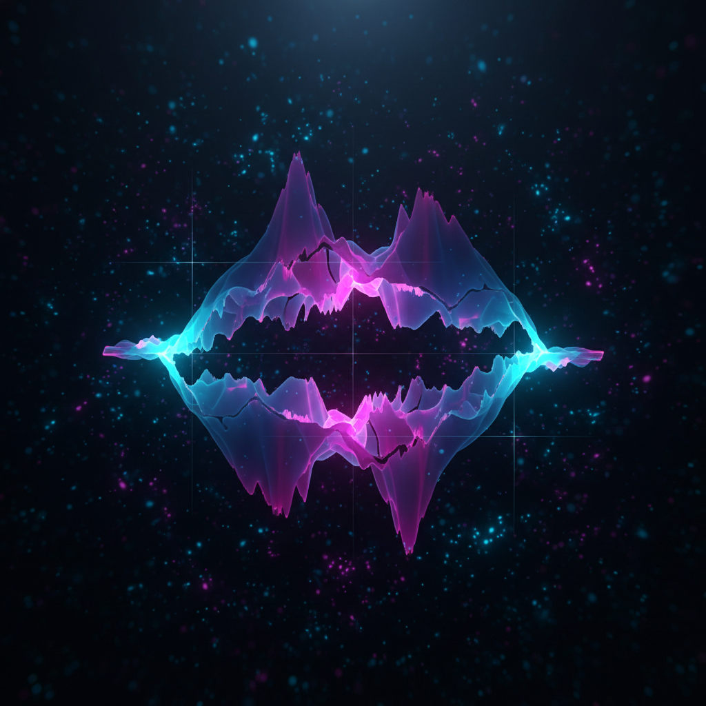 Audio waveform visualization with glowing cyan sound waves on dark background
