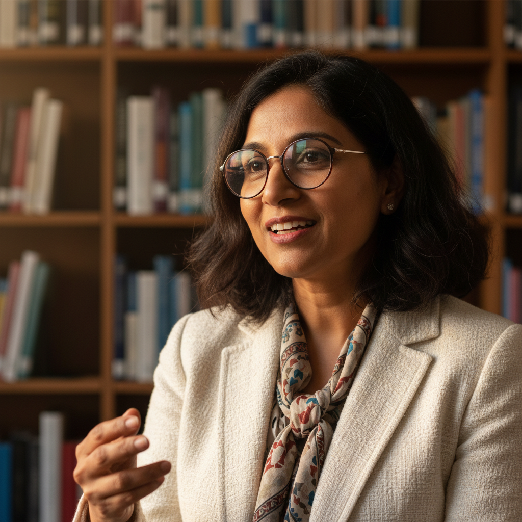 Professional South Asian woman in formal attire, academic setting