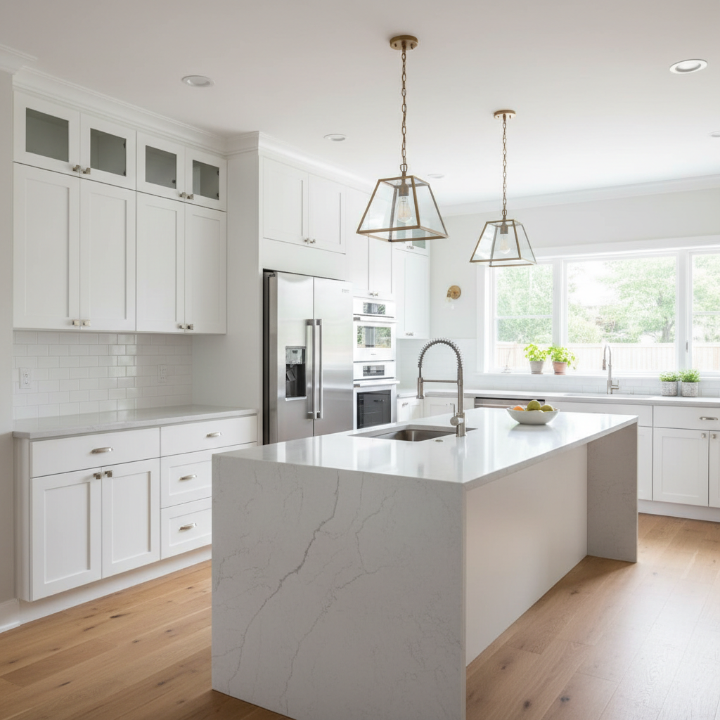 Modern kitchen remodel with white cabinets, quartz countertops, and professional finishes, luxury residential renovation