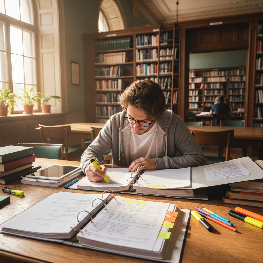 Student reviewing university brochures and course materials at a study desk