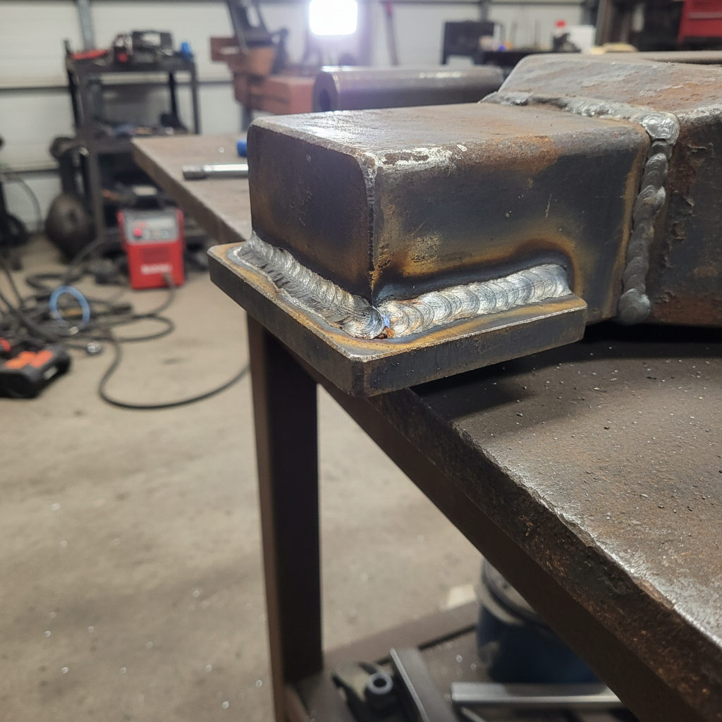 Steel trailer hitch after MIG weld repair — full penetration groove weld on A36 plate