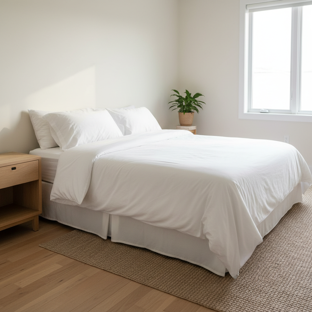 Clean bedroom with white linens and freshly wiped nightstand surface after Spotless deep clean service